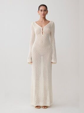 Meshki Kayleigh Crochet Fishtail Flare Sleeve Maxi Dress - White XS NWT
